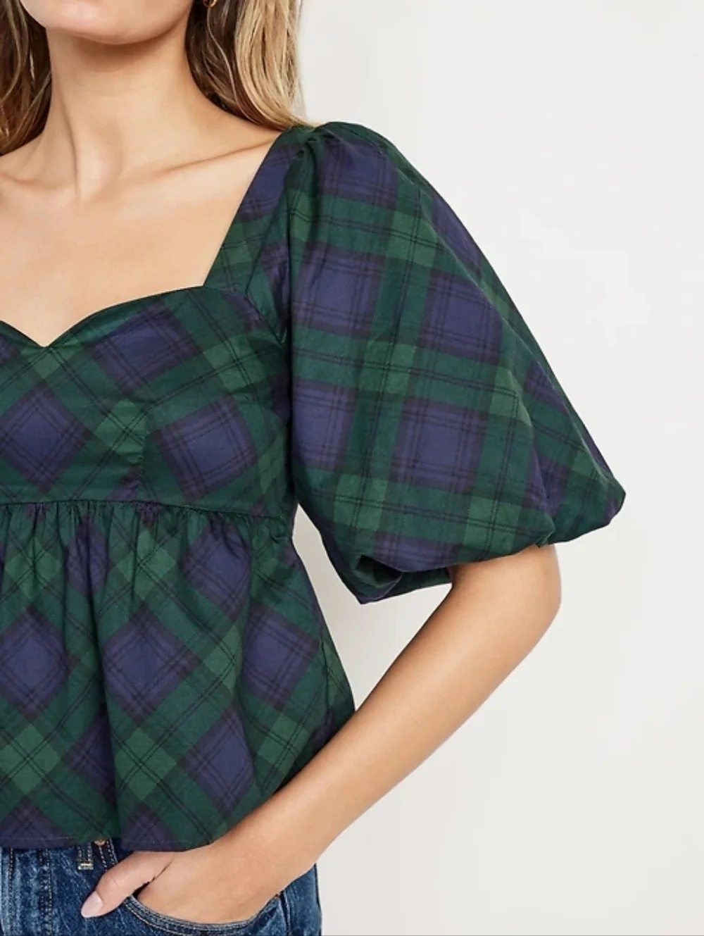 XL • Old Navy • Green and Navy Plaid Puff-Sleeve Peplum Top - Picture 2 of 4